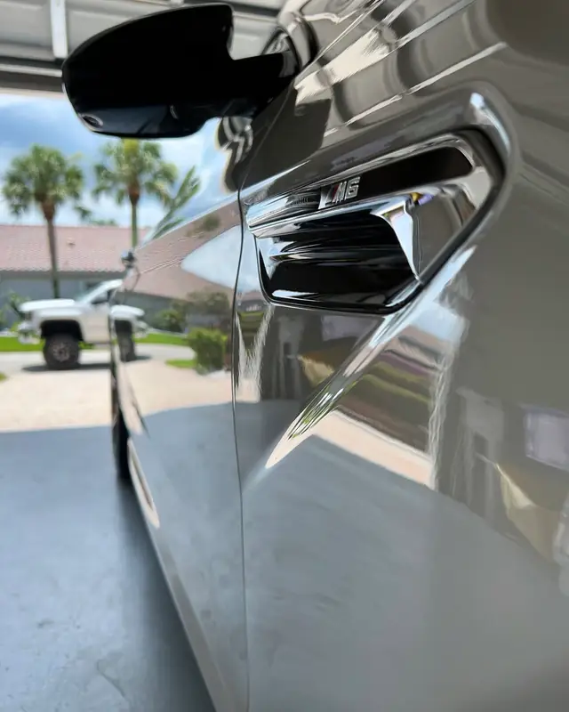 BMW M6 fender vent polished to a mirror finish, palms reflected in the paint