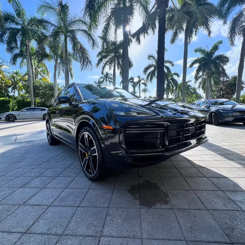 Black Porsche Cayenne parked on pavers under palm trees after a detail